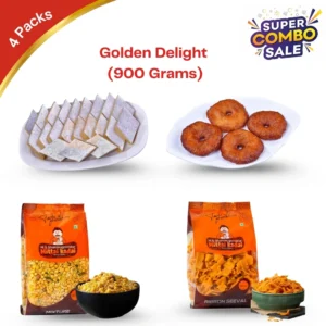 Kaju Katli 200g - Trichy BG Group; Adhirasan 200g - Trichy BG Group; Mixture 250g - Mittai Kadai Sattur; Ribbon Seval 250g -Mittai Kadai Sattur.